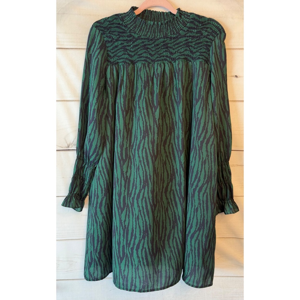 THML Green Zebra Print Smocked Mock Neck Long Sleeve Mini Dress JH1453-GN S